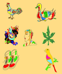 set of birds and flowers