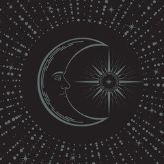 Vector boho moon with a face and star, surrounded beams on a black background. Sketch of a crescent tattoo in retro style. Dark mystical illustration with a magical simbol