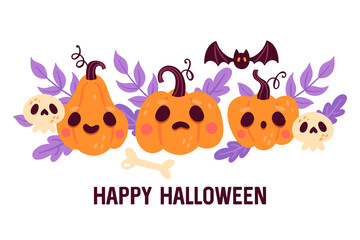 Obraz na płótnie Canvas Halloween holiday greeting card design with cute jack o lantern pumpkin, skull and leaves.