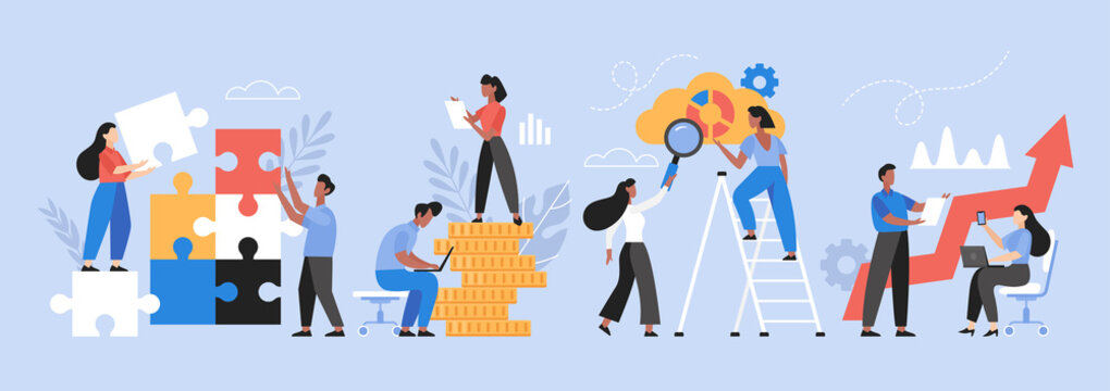 People searching for creative solutions. Teamwork business concept. Modern vector illustration of people for web design
