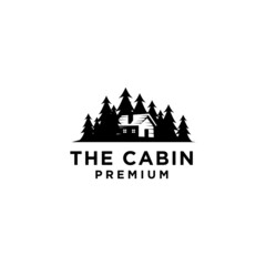 premium wooden cabin and pine forest mountain retro vector black logo design isolated white background