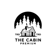 premium wooden cabin and pine forest on the circle retro vector black logo design isolated white background