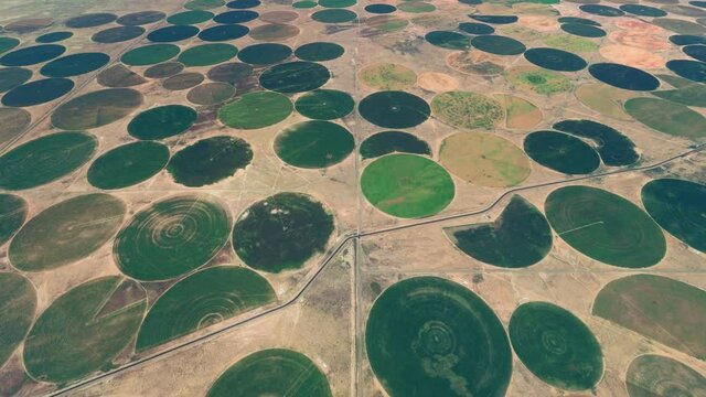 Aerial view of center pivot irrigation landmarks an agricultural technique also called water wheel is method in which equipment rotates around point and crops are watered with sprinklers 4k animation