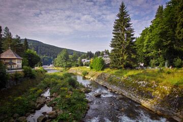 Fototapeta na wymiar Riverhead of Elbe river in Giant mountains and coats of arms of towns along this river, national park Krkonose in the Czech Republic