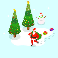 Santa Claus woth gift bag walks on snow 3d isometric vector illustration concept for banner, website, landing page, ads, flyer