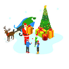 Santa Claus handing gifts to children 3d isometric vector illustration concept for banner, website, landing page, ads, flyer
