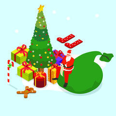 Santa Claus checking his list while sitting on a huge gift bag 3d isometric vector illustration concept for banner, website, landing page, ads, flyer