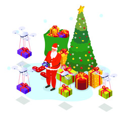Santa Claus delivering gifts with a drone 3d isometric vector illustration concept for banner, website, landing page, ads, flyer