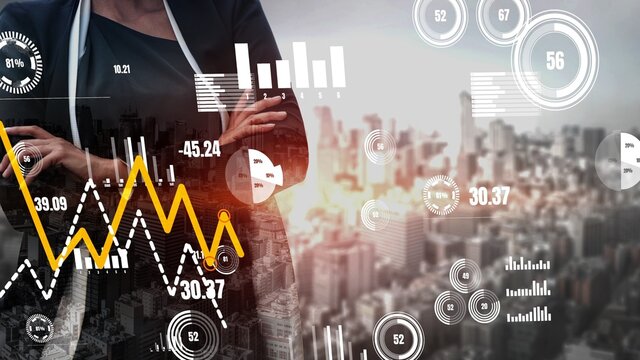 Conceptual business dashboard for financial data analysis . 3D render computer graphic .