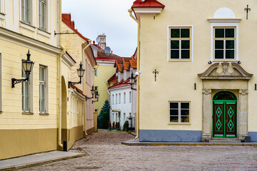 Colorful houses on the cobbled streets of Tallinn, Estonia.