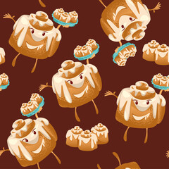 Cinnamon Roll Day. Cinnamon bun holds a tray of small buns. Seamless background pattern.