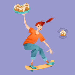 Skateboarding girl holds a tray with Cinnamon Rolls in her hand. Cinnamon Roll Day.