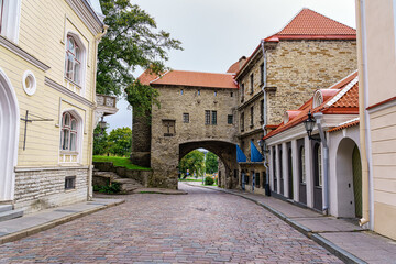 Arched gateway to the medieval city of Tallinn next to its wall.