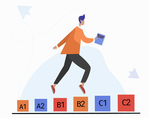 Vector illustration, people are running towards their goal along a column of 
columns, motivation is moving up, vector, the path to achieving the goal. 
English levels.