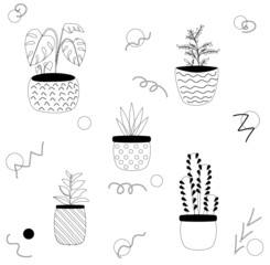 Line drawing set of different homeplants in funny pots.