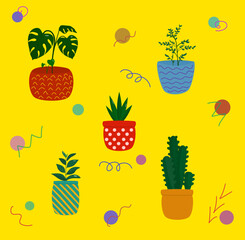 Colourful set of different plants in pots and details on yellow background 