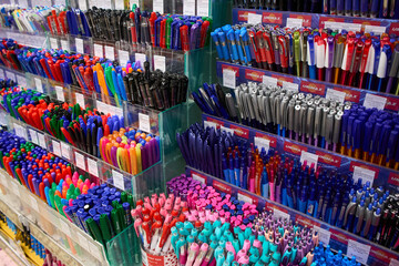 Department of sale of office supplies in the mall. Stationary Shop with Writing Materials and Craft Equipment. Store Hall with Colorful Supplies: Paper, Envelopes, Implements.