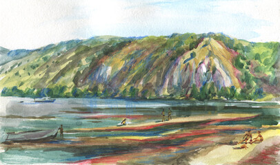 river and mountains on a summer day watercolor  - 453487003