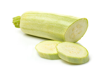 Fresh white zucchini with sliced pieces on a white background.