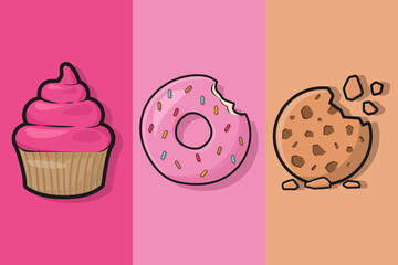 Cup Cake, donut and cookies illustration pack sticker Graphics, Pastry Sticker, Donnut Clipart, brownies Graphics, baked Illustration, sweet pastry collection set