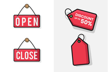 price tag and sign board open close the door for store ilustration set