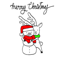 A lovely cute snowman in reindeer's hug for Merry Christmas concept. Hand drawn vector illustration in doodle art style on white background