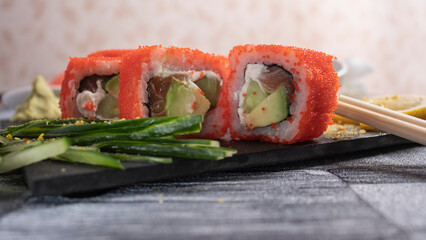 sushi with caviar on torrels, and decoration