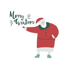 Santa Claus vector hand drawn cartoon character. Handwritten text: Merry Christmas. New year template for greeting card, postcard, poster, banner, print