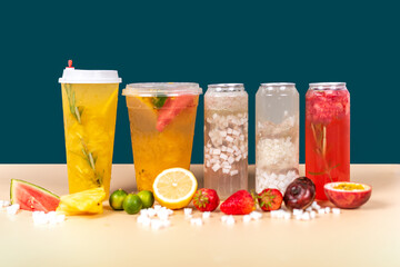 All kinds of colorful drinks made of all kinds of fruits and all kinds of healthy food