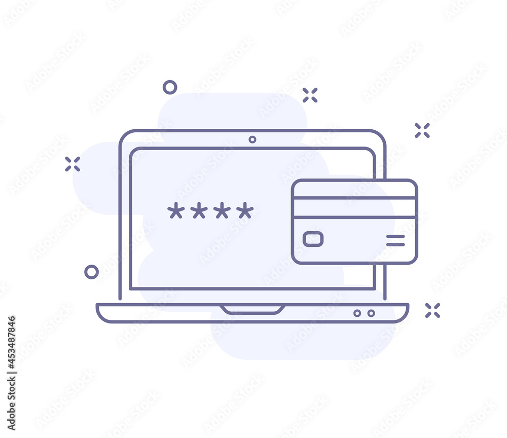 Poster enter password outline vector illustration isolated on white. laptop with credit card purple line ic