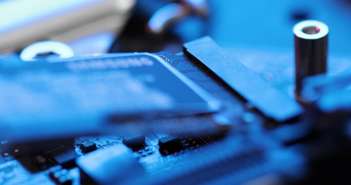 m2 ssd connector on motherboard in macro detail with selective focus