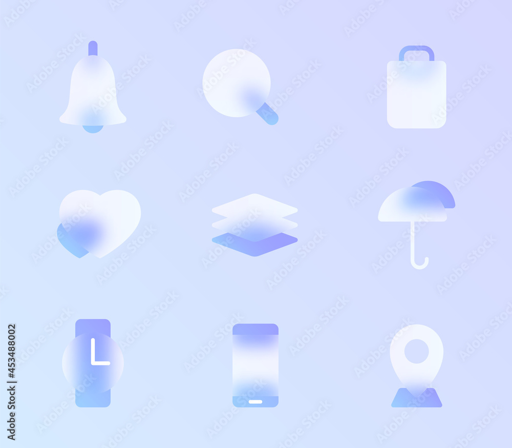 Poster glass morphism trendy style icon set. transparent glass color vector icons with blur and purple grad