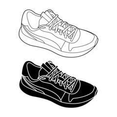 sneakers outline and silhouette monochrome vector illustration isolated on white background. active lifestyle sports shoes illustration for your business promotion