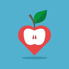 Red stylized heart-shaped apple on blue background. Healthy eating, lifestyle, food, healthcare, summer and romance concept. Flat design. Vector illustration. No gradients, no transparency