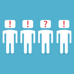 Unique man with question mark inside head, others with exclamation. Doubt, uniqueness, creativity, optimism and pessimism concept. Flat design. Vector illustration. No gradients, no transparency