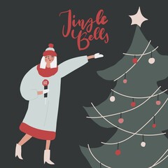 The host of the show snow maiden hand drawn cartoon character, festive Christmas tree, lettering quote: jingle bells. Vector illustration