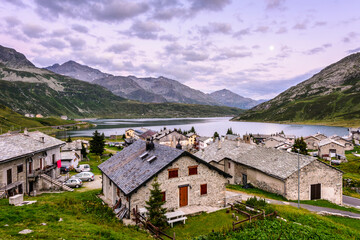 Fototapeta na wymiar Panorama of alpine italian village Montaspluga at Spluga Pass, Italy