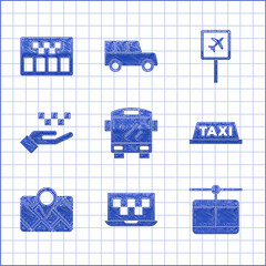 Set Bus, Laptop call taxi service, Cable car, Taxi roof, Gps device with map, Hand, Airport and Taximeter icon. Vector - obrazy, fototapety, plakaty