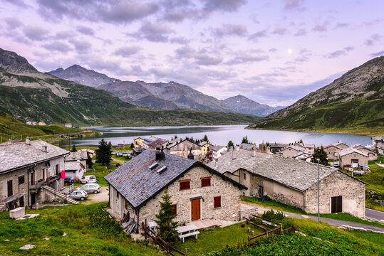 Panorama of alpine italian village Montaspluga at Spluga Pass, Italy