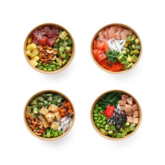 Poke bowls on a white background, isolated. food delivery, fast food. The traditional Hawaiian food. Good dieting. Healthy food