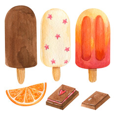 Hand-drawn watercolor clipart of creamy, multicolored ice cream, orange and a piece of chocolate with strawberry filling for design in high resolution