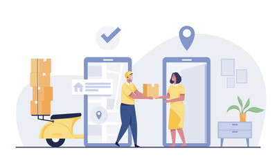 motorcycle delivering order to customer door. woman getting parcel.