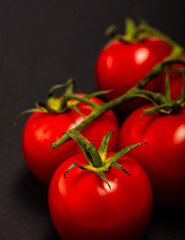 red tomatoes with a green stalk, on a black background, concept,