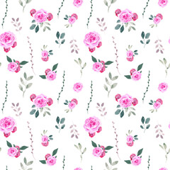 Seamless floral design in watercolor style. Seamless pattern of pink rose and greenery