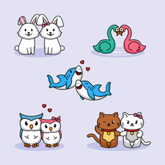 Set of cute couple animals in Valentine's Day