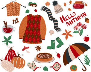 set with the inscription Hello Autumn. Sweater, umbrella, pumpkins, chestnut, leaves, oak, acorn, jam, tea, mulled wine, scarf, hat, rubber boots, mountain ash, apple pie charlotte, oven mitts