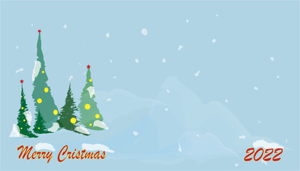 Christmas 2022 New Year card. Text Merry Christmas. Christmas winter landscape with  Xmas trees, snowflakes on light blue background. Text Merry Christmas. 