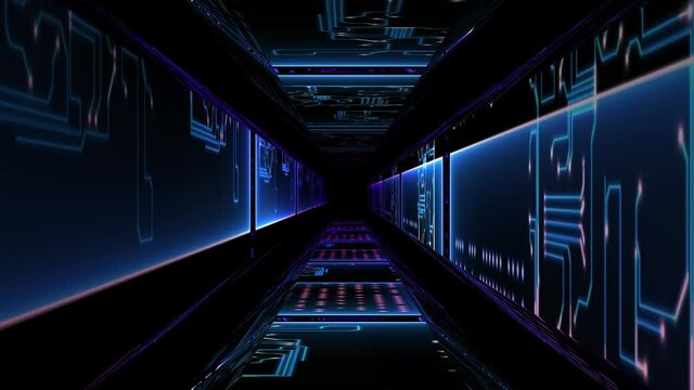 Abstract technological background 3D animation, moving through a futuristic technological digital cyberspace tunnel corridor or shaft loop.