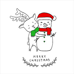 A lovely cute snowman in reindeer's hug for Merry Christmas concept. Hand drawn vector illustration in doodle art style on white background