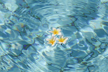 Fototapeta na wymiar Minimal nature background. frangipani flowers in blue water in pool.
